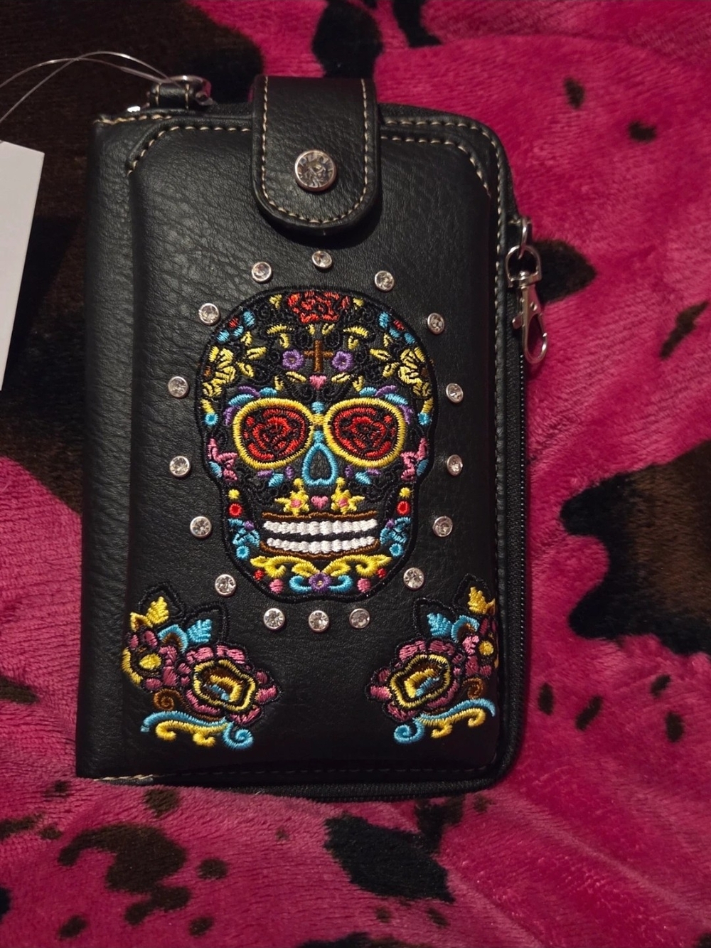 Black Embroidered Sugar Skull Phone Wallet Case